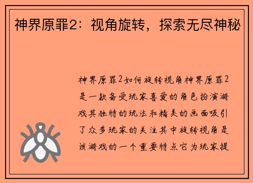 神界原罪2：视角旋转，探索无尽神秘
