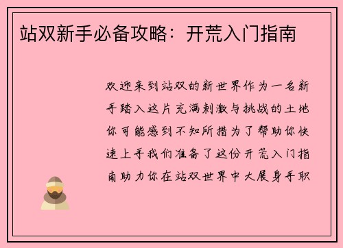 站双新手必备攻略：开荒入门指南